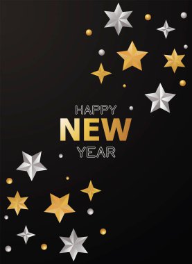 Gümüş ve altın yıldızlı mutlu yeni yıl kartları