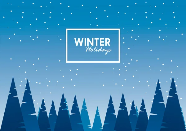 Belleza azul invierno paisaje escena y letras con marco cuadrado — Vector de stock