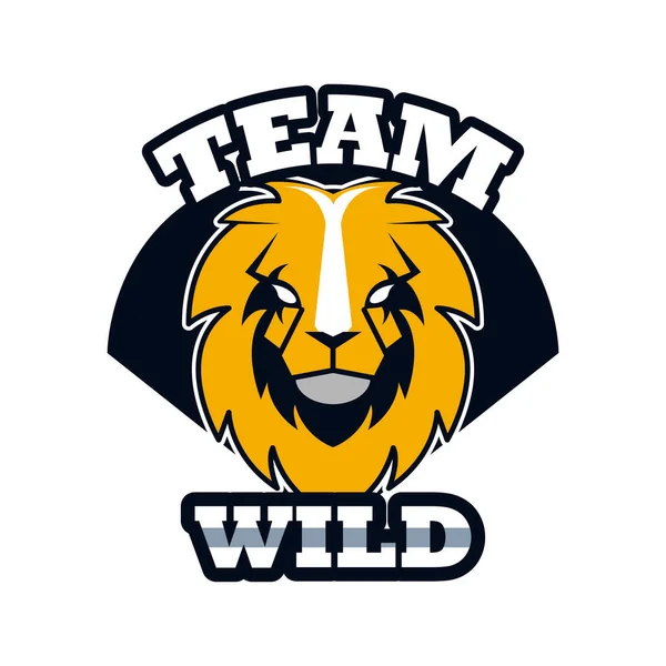 Ícone de emblema animal cabeça de leão com equipe de letras selvagens — Vetor de Stock