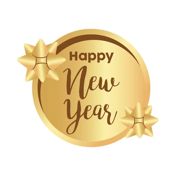 Szczęśliwego Nowego Roku złoty napis z kokardkami w okrągłej ramce — Wektor stockowy