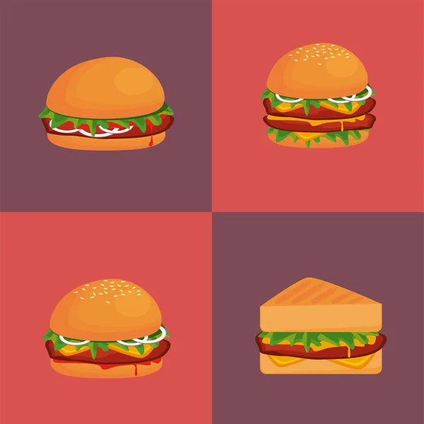 Egy köteg hamburger és szendvics ízletes gyorsétterem ikonok — Stock Vector