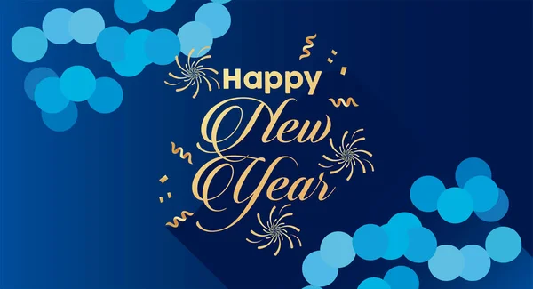 Szczęśliwego Nowego Roku złoty napis z fajerwerkami w niebieskim tle — Wektor stockowy