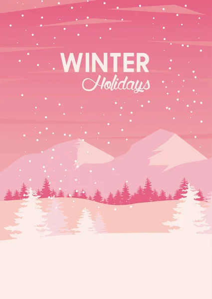 Belleza rosa invierno paisaje escena con montañas y árboles — Vector de stock