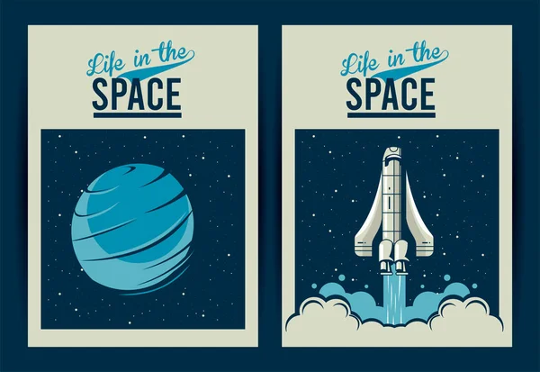 Liv i rymden bokstäver med rymdskepp och venus planet i affischer vintage stil — Stock vektor