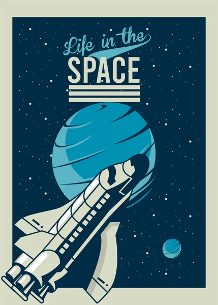 Leven in de ruimte belettering met ruimteschip en venus planeet in poster vintage stijl — Stockvector