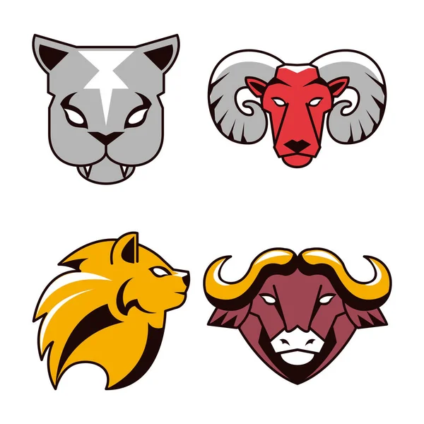 Pacote de quatro cabeças animais emblemas ícones em fundo branco — Vetor de Stock