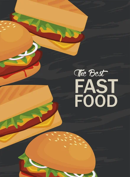 Hamburger und Sandwiches leckeres Fast-Food-Poster — Stockvektor