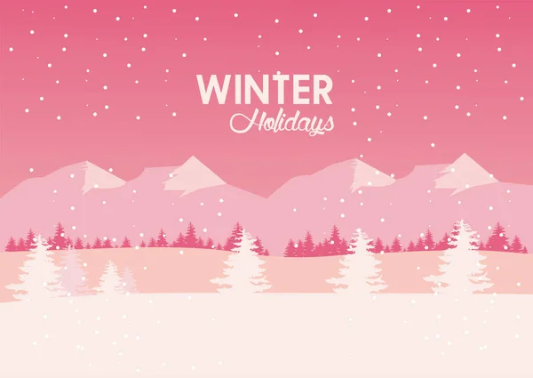 Belleza rosa invierno paisaje con montañas y árboles pinos — Vector de stock