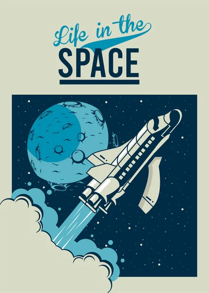 Leven in de ruimte belettering met ruimteschip en maan in poster vintage stijl — Stockvector