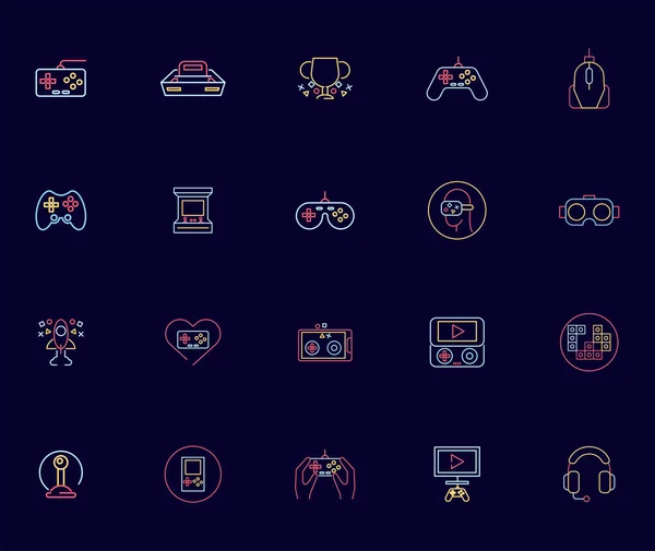 Paquete de veinte iconos de estilo neón de videojuegos — Vector de stock