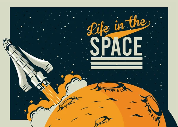 Vita nello spazio lettering con startup astronave in stile poster vintage — Vettoriale Stock
