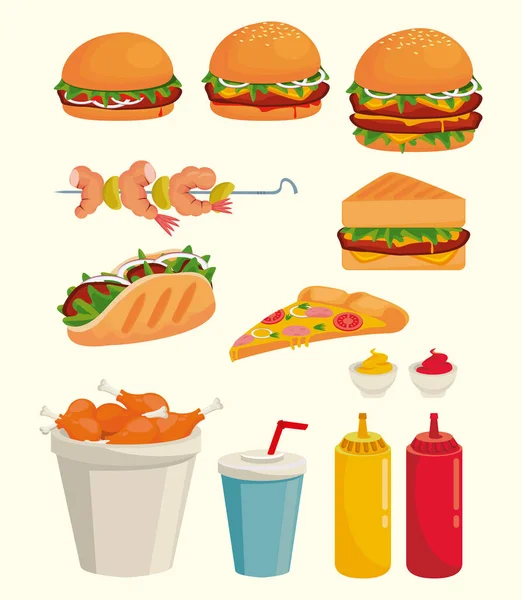 Bundel heerlijke fast food iconen — Stockvector