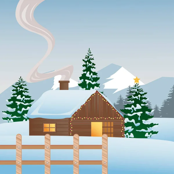 Belle maison et pins arbres avec clôture paysage d'hiver scène — Image vectorielle