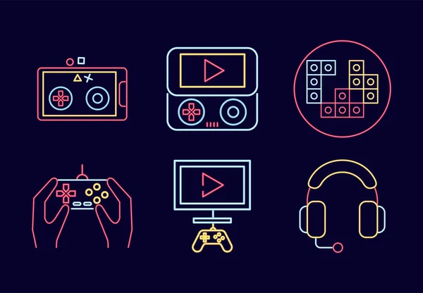 Pakiet sześciu ikon zestawu neonowych gier wideo — Wektor stockowy