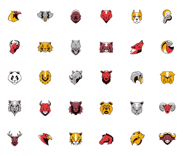Pacote de trinta cabeças animais emblemas ícones — Vetor de Stock