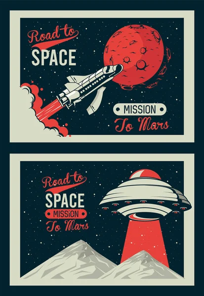 Weg naar de ruimte letterings met ufo en raket in mars posters vintage stijl — Stockvector
