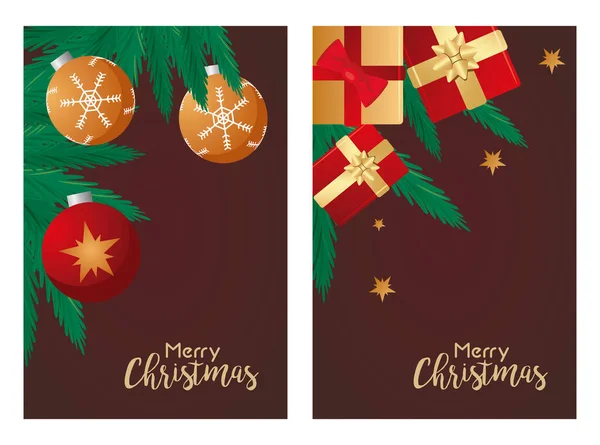 Buon Natale biglietti letterings con regali rossi e palle — Vettoriale Stock