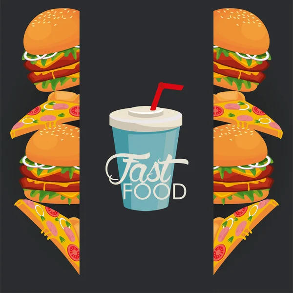 Hamburguesas y porciones de pizza con soda deliciosa comida rápida icono — Vector de stock