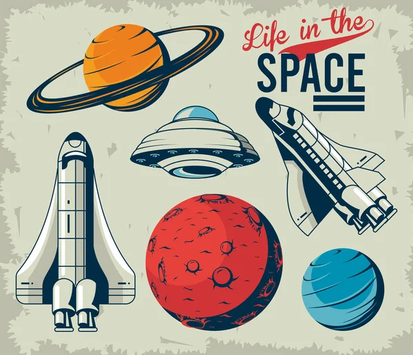 Leven in de ruimte belettering met set pictogrammen in poster vintage stijl — Stockvector