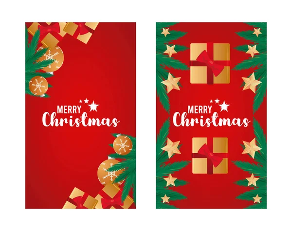 Buon Natale letterings cartoline rosse con regali d'oro — Vettoriale Stock