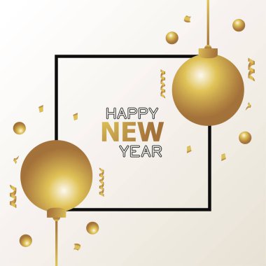 Altın toplar ve konfeti posterli mutlu yeni yıl kartları