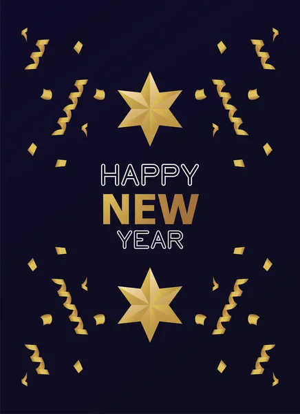 Szczęśliwego Nowego Roku ze złotymi gwiazdami i konfetti — Wektor stockowy