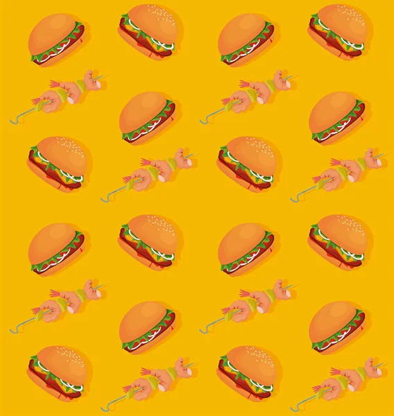 Hamburger und Garnelenspieße leckeres Fast-Food-Muster — Stockvektor