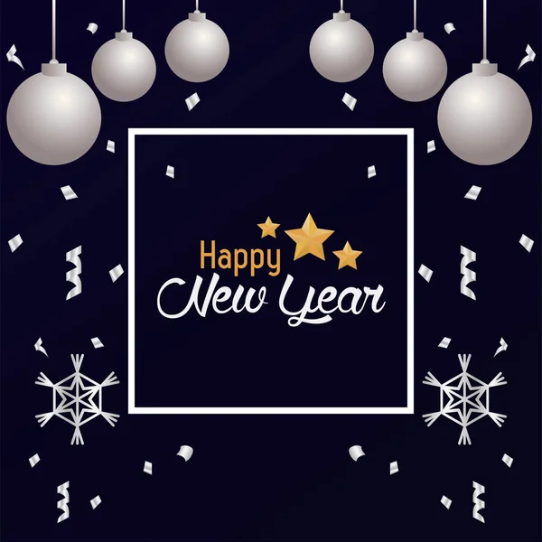 Szczęśliwy nowy rok karta ze srebrnymi kulkami i płatkami śniegu w kwadratowej ramce — Wektor stockowy