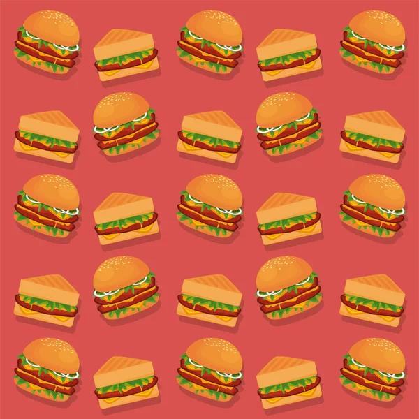 Χάμπουργκερ και σάντουιτς νόστιμα fast food μοτίβο — Διανυσματικό Αρχείο