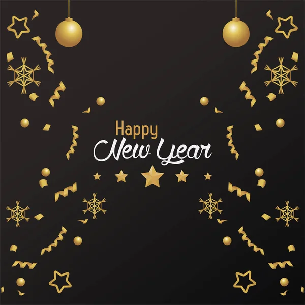 Boldog új évet kártya arany golyó és konfetti sablon — Stock Vector
