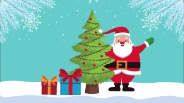 Mutlu noel animasyonları Noel Baba ve çam ağacında hediyeler