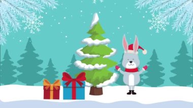 Mutlu noeller tavşan ve çam ağacındaki hediyelerle