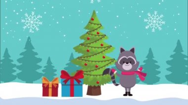 Mutlu noel animasyonları rakun ve çam ağacındaki hediyelerle