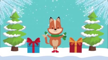 Mutlu Noel animasyonları Tilki ve çam ağacında hediyeler