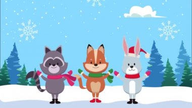Mutlu noel animasyonları. Kar manzaralı şirin hayvanlar.
