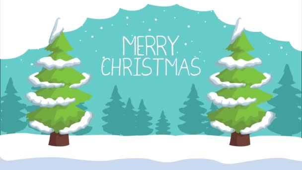 Счастливого Рождества анимации с соснами и буквами — стоковое видео