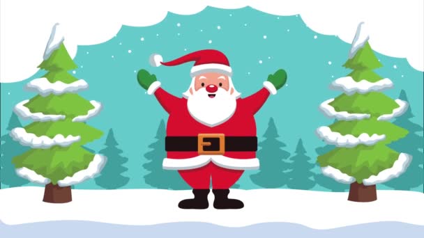 Счастливой рождественской анимации с Санта-Клаусом и соснами — стоковое видео