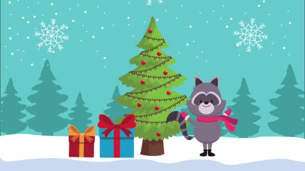 Καλά Χριστούγεννα animation με raccon και δώρα στο πεύκο — Αρχείο Βίντεο
