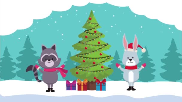 Καλά Χριστούγεννα animation με κουνέλι και ρακόν στο πεύκο — Αρχείο Βίντεο