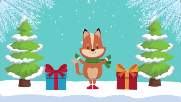 Счастливого Рождества анимации с лисой и подарки в сосне — стоковое видео