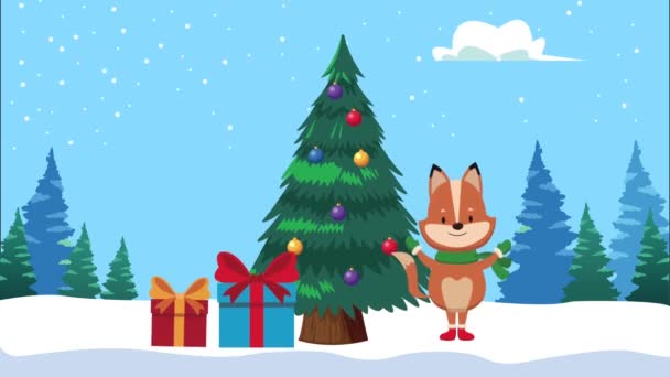 快乐快乐的圣诞动画与狐狸和礼物 — 图库视频影像