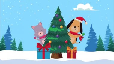 Mutlu Noel animasyonları Çam ağacında kedi ve köpeklerle