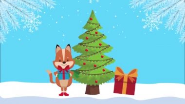 Mutlu noel animasyonları Tilki ve hediyeyle çam ağacında