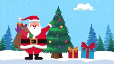 Mutlu noel animasyonları Noel Baba 'nın çam ağacında hediye çantası kaldırmasıyla