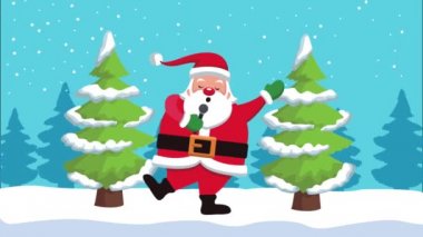 Mutlu noel animasyonları Noel baba ve çam ağaçları sahnesi