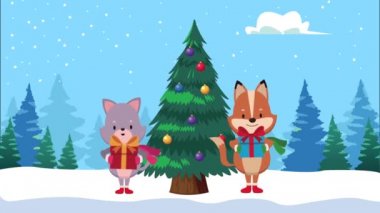 Çam ağacında kedi ve tilkiyle mutlu noel animasyonları