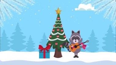 Mutlu noel animasyonları. Rakun gitar ve çam ağacı çalıyor.