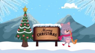 Kedi saksafon ve çam ağacı çalarken mutlu noel animasyonları
