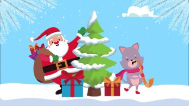 Mutlu noeller Noel Baba Kedi ve çam ağacında hediyeler