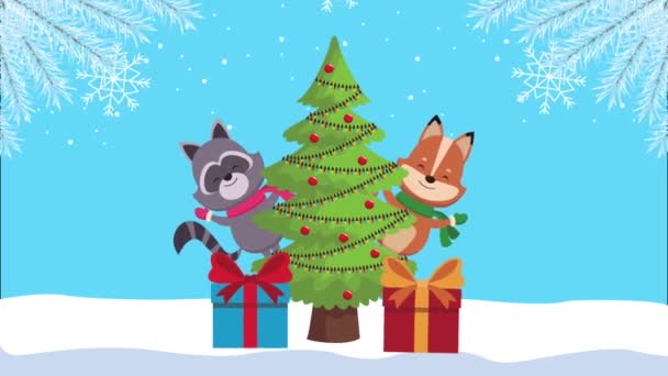 Wesołych Świąt animacja z raccon i lisa w sosnowym drzewie — Wideo stockowe